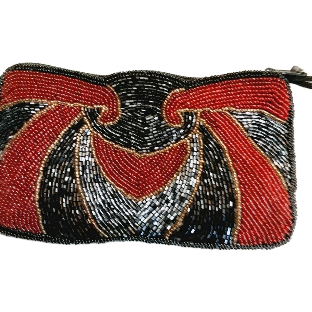 Clutch Coin Purse Geometric Black Red Beads Art Deco Disco Era Style 7x4 Inches